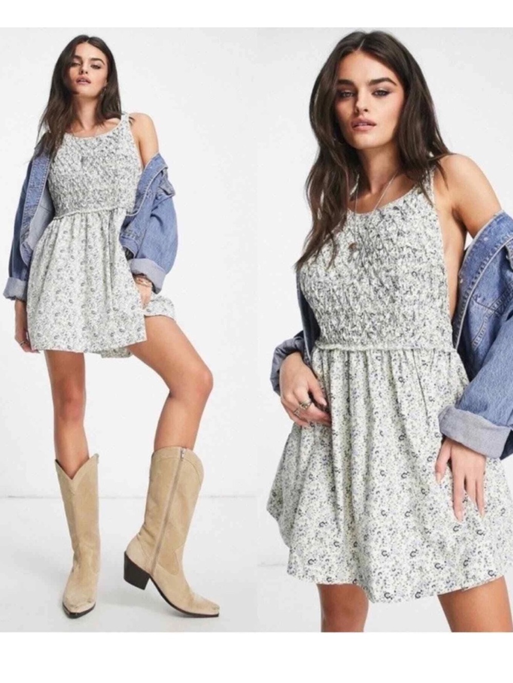 NWT Free People Petunia Mini Dress, Cream Blue Floral, Women's Medium - Picture 16 of 16